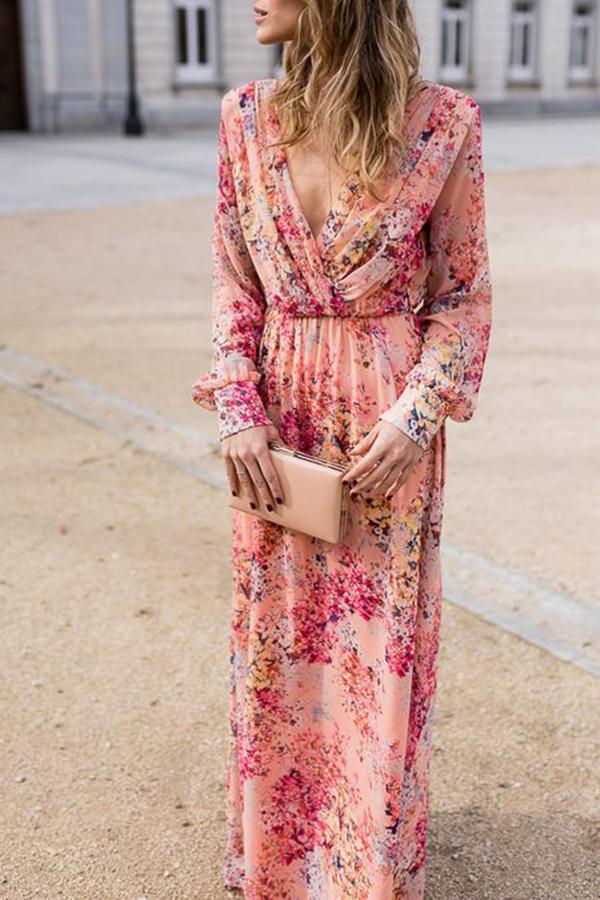 Charming Floral Print V Neck Dress