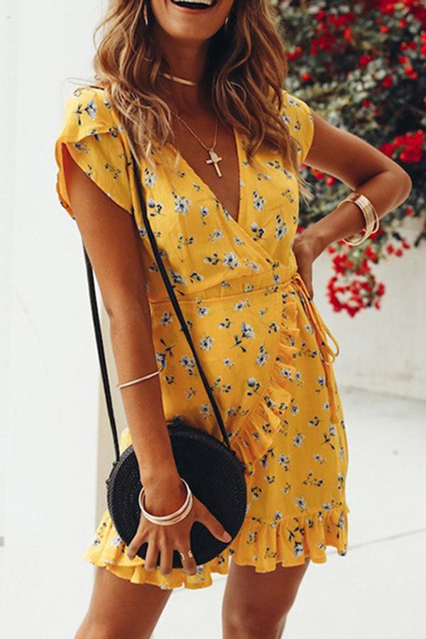 Yellow Cotton Blend Floral Print Chic Dress