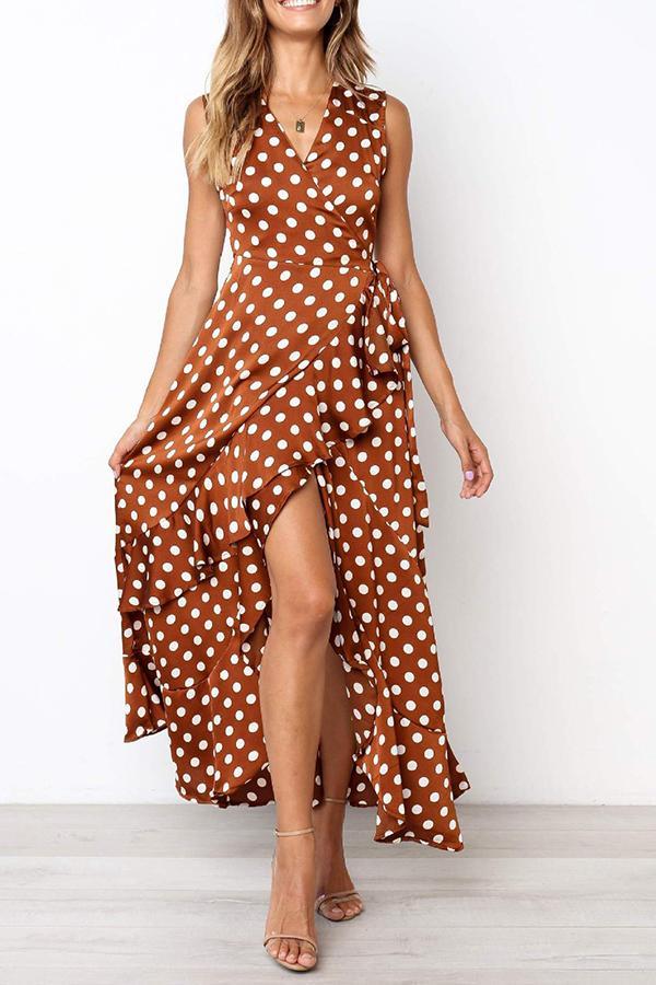 Ankle-Length Falbala Lace-Up Polka Dot Dress