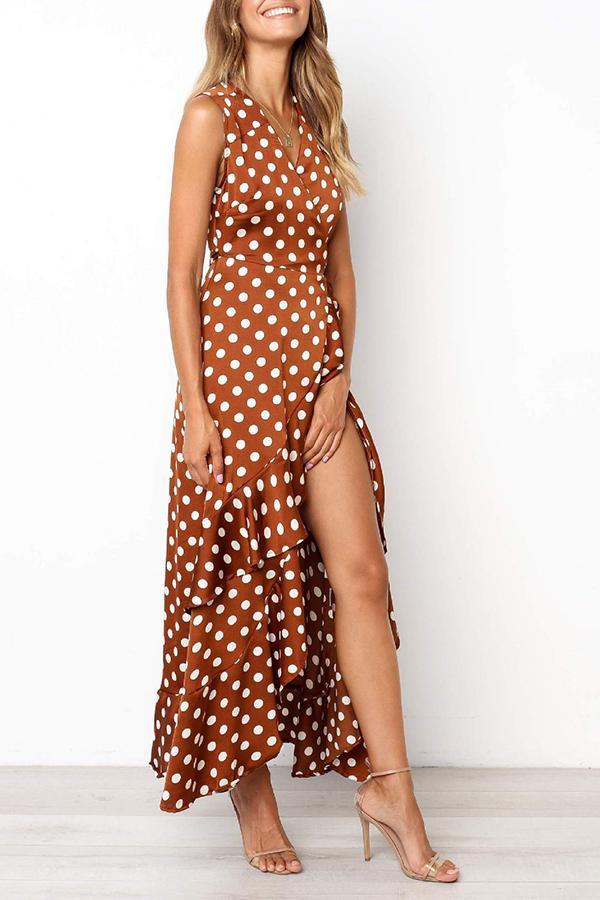 Ankle-Length Falbala Lace-Up Polka Dot Dress