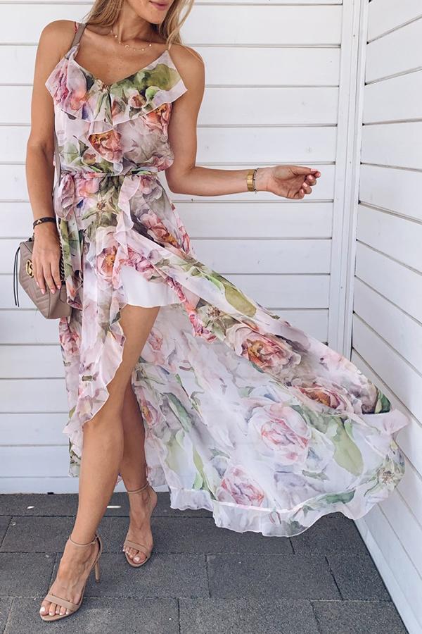 Sweet Floral Print Sling Fork Opening Dress