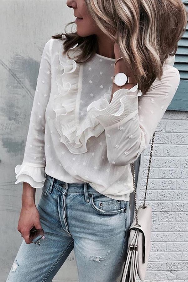 Honey Punch Ruffle Up Dot Chiffon Shirt