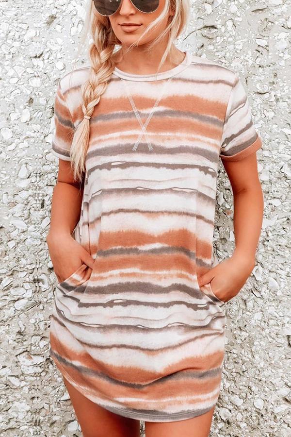 Tie-dye Stripes Pockets T-shirt Dress