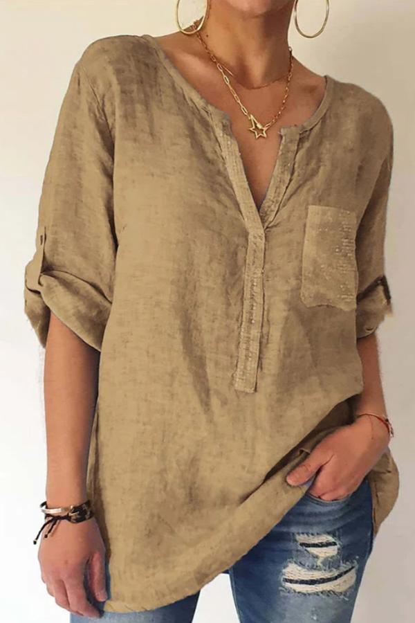 Casual Solid Color V Neck Shirt