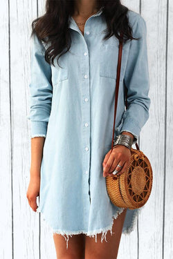 Stylish Solid Color V-Neck Denim Midi Dress