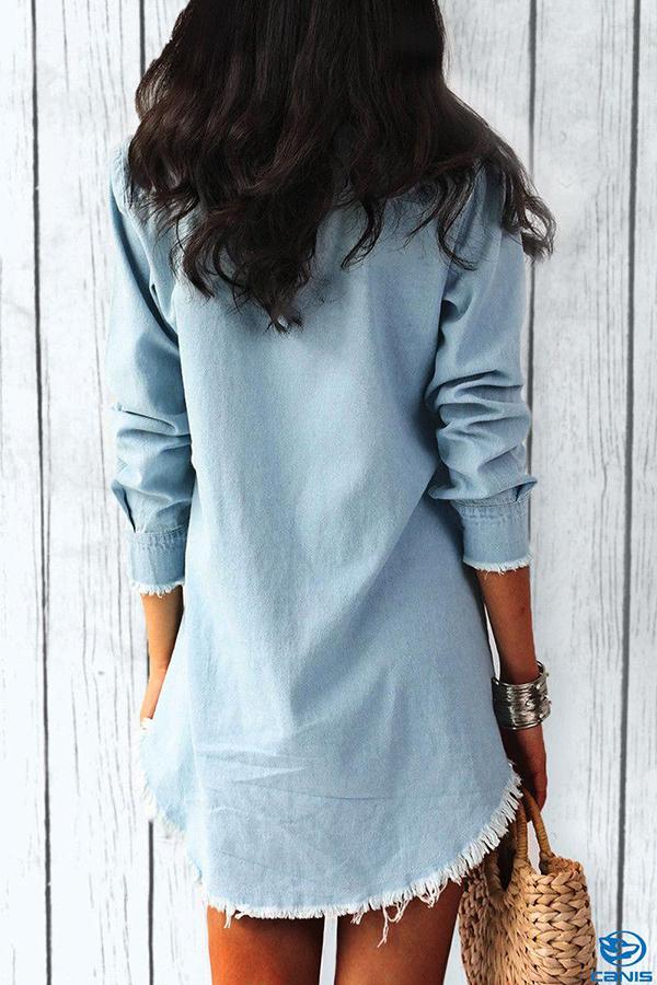 Stylish Solid Color V-Neck Denim Midi Dress