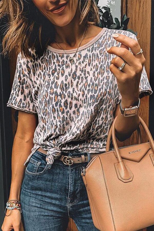 Stylish Boho Leopard Print Round-Neck T-shirt