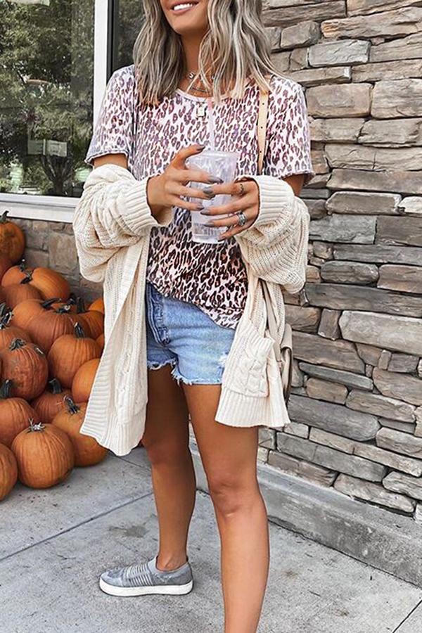 Stylish Boho Leopard Print Round-Neck T-shirt