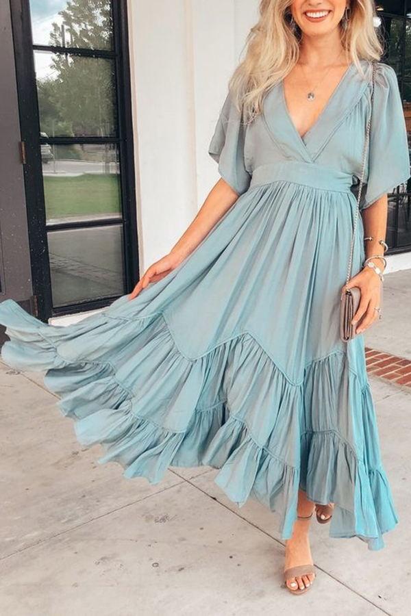 Retro Elegant Solid Color V Neck Maxi Dress