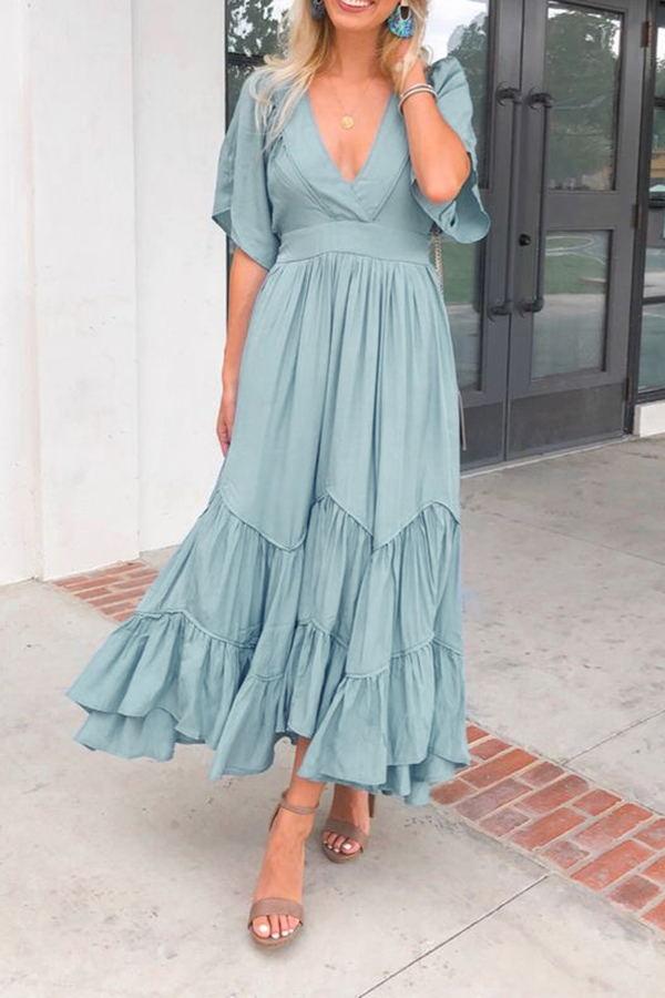 Retro Elegant Solid Color V Neck Maxi Dress