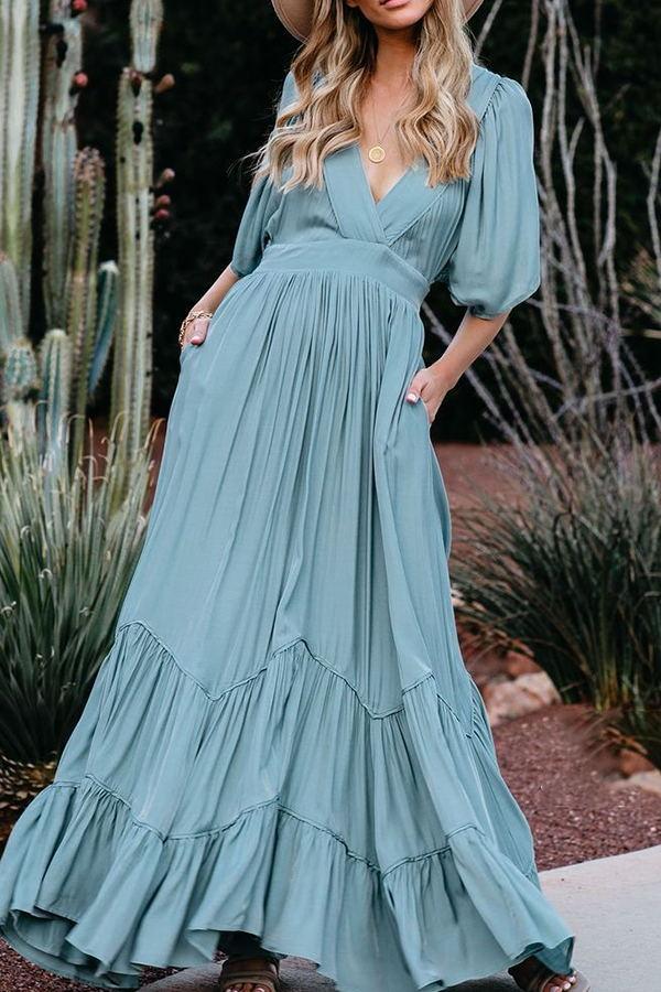 Retro Elegant Solid Color V Neck Maxi Dress