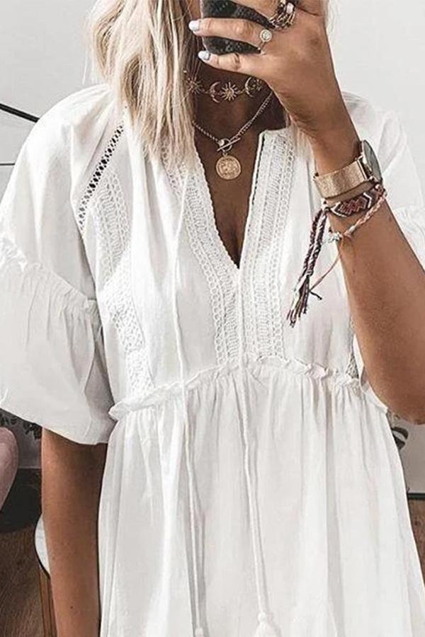 Casual Eyelets Fringed Half Sleeve Dress