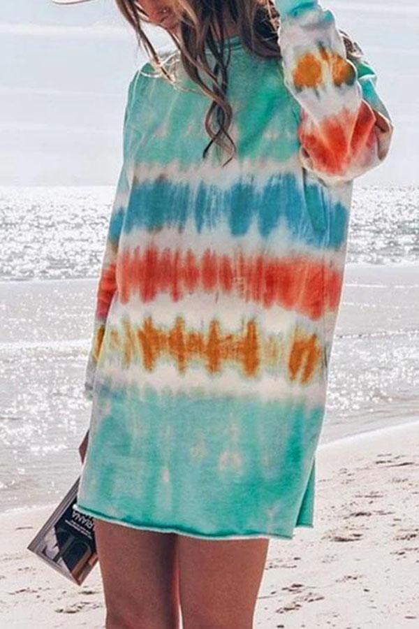 Modern Tie-dye Long Sleeve Round-veck Dress