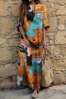 Bohemia Abstract Print Baggy V Neck Dress