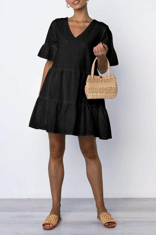 Urban Pure Color Ruffle V Neck Swing Dress