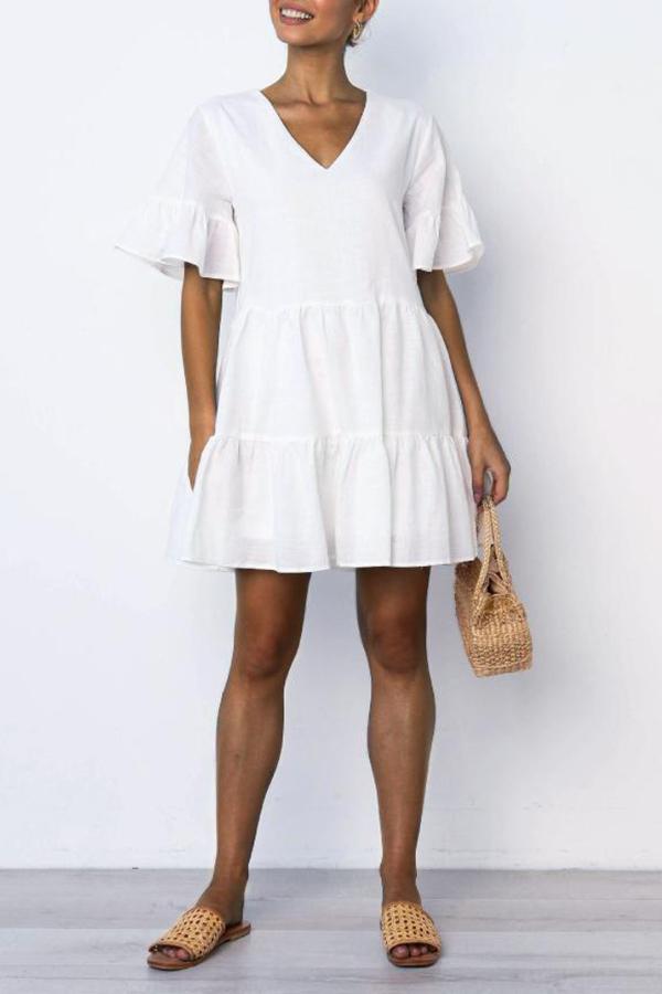 Urban Pure Color Ruffle V Neck Swing Dress