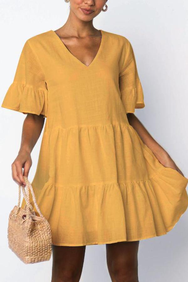 Urban Pure Color Ruffle V Neck Swing Dress