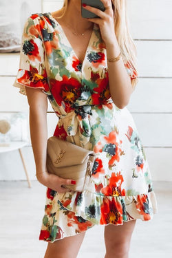 Temperament Floral Print Slim V Neck Dress