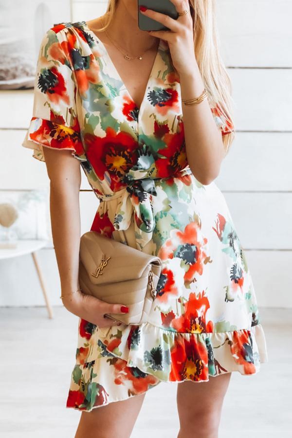 Temperament Floral Print Slim V Neck Dress