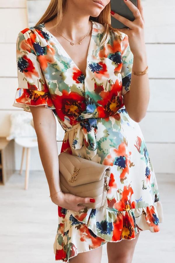 Temperament Floral Print Slim V Neck Dress