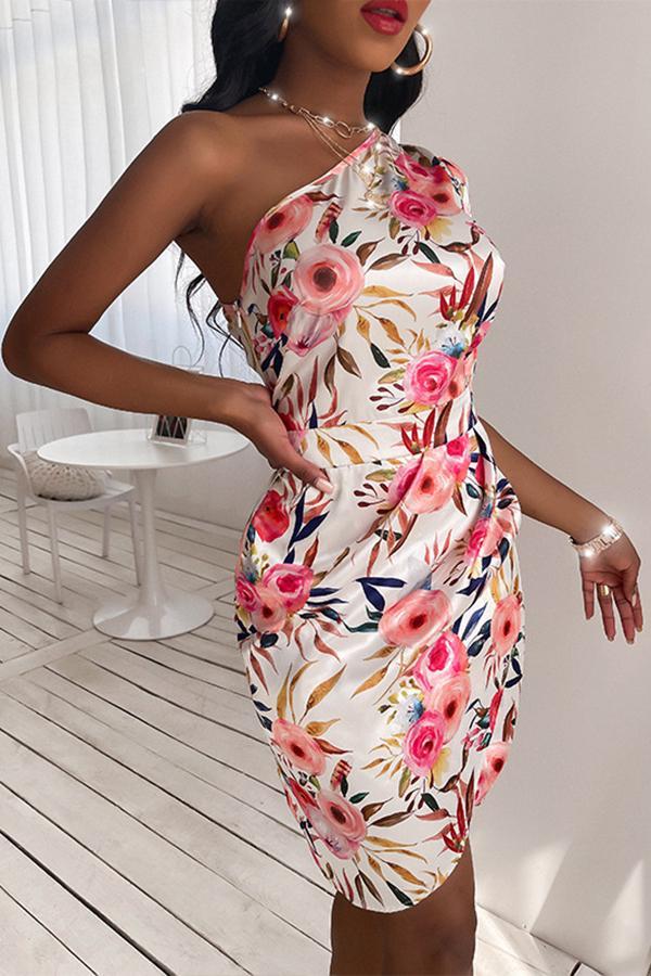 Sexy Unique Floral Print Oblique Shoulder Tight Dress