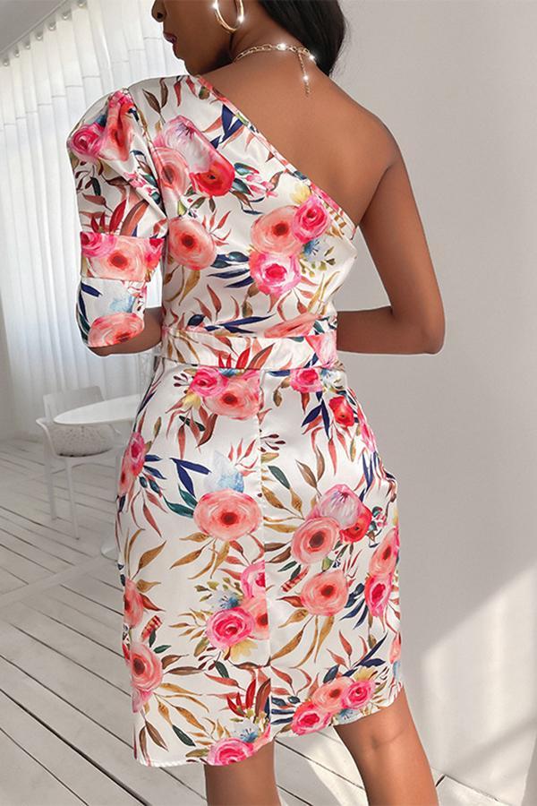 Sexy Unique Floral Print Oblique Shoulder Tight Dress