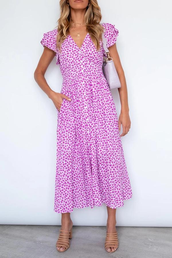 Smart Polka Dot Flounce Sleeves Stitching Pockets Dress