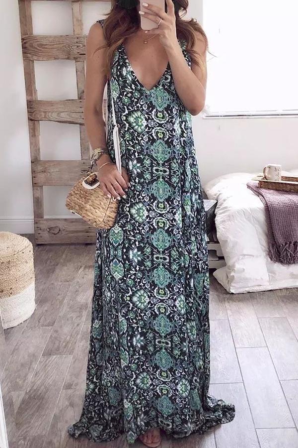 Floral V-Neck Sleeveless Maxi Dress