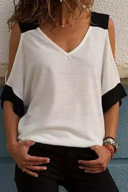 Casual Color Contrast V Neck Strapless Shirt