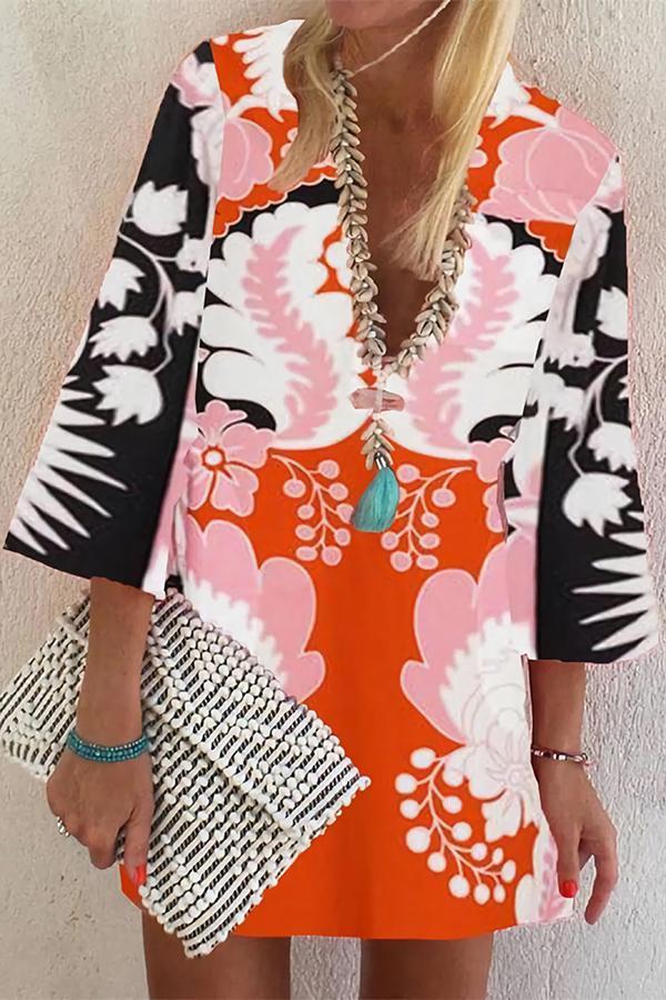 Stylish Graphic Print V Neck Dress