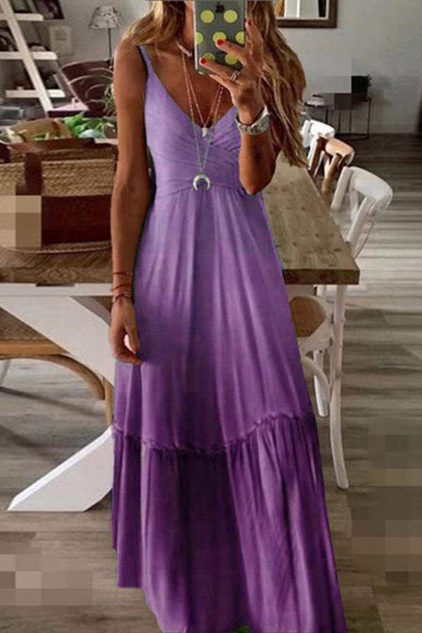 Gradient V-neck Pleated Long Dress