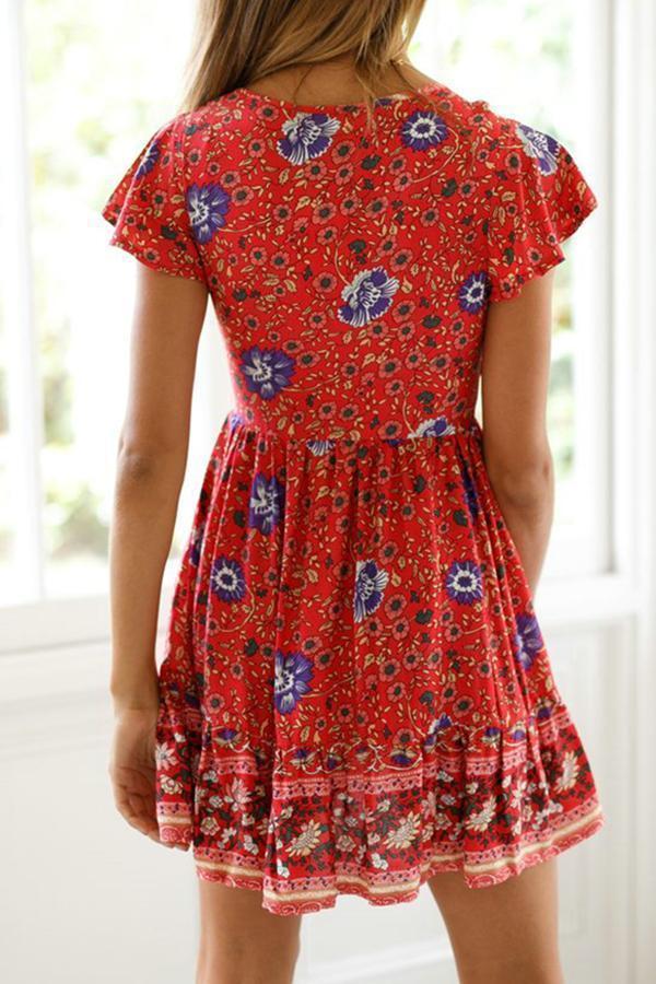 Floral Printed V-neck Mini Dress