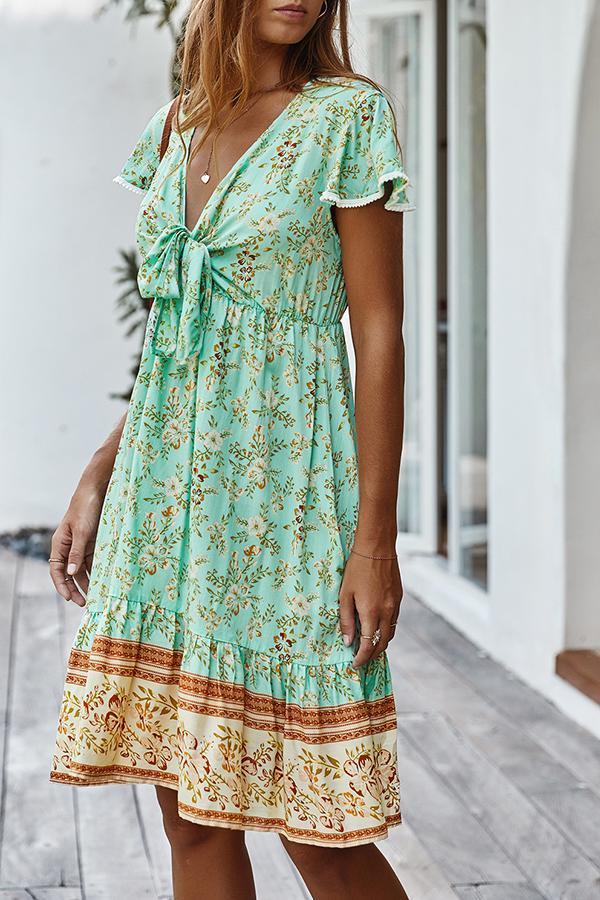 Bohemian V-neck Knotted Floral Dress