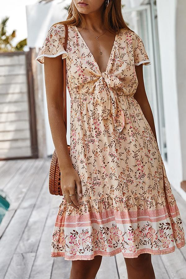 Bohemian V-neck Knotted Floral Dress