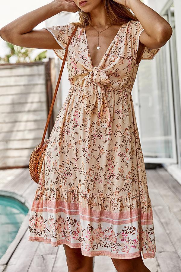 Bohemian V-neck Knotted Floral Dress