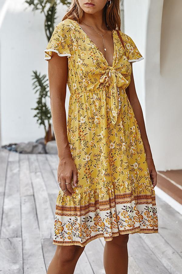 Bohemian V-neck Knotted Floral Dress