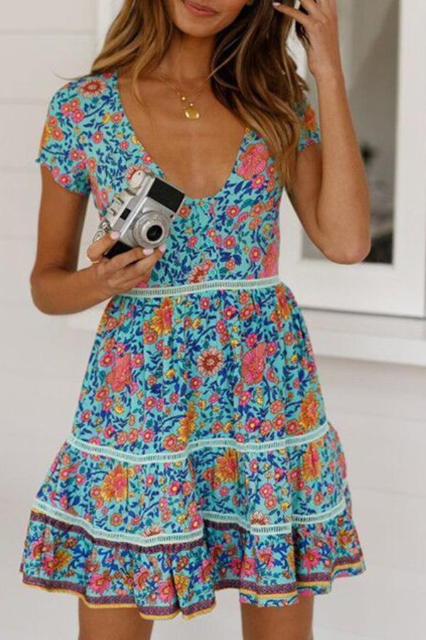 V-neck Cutout Floral Printed Dress