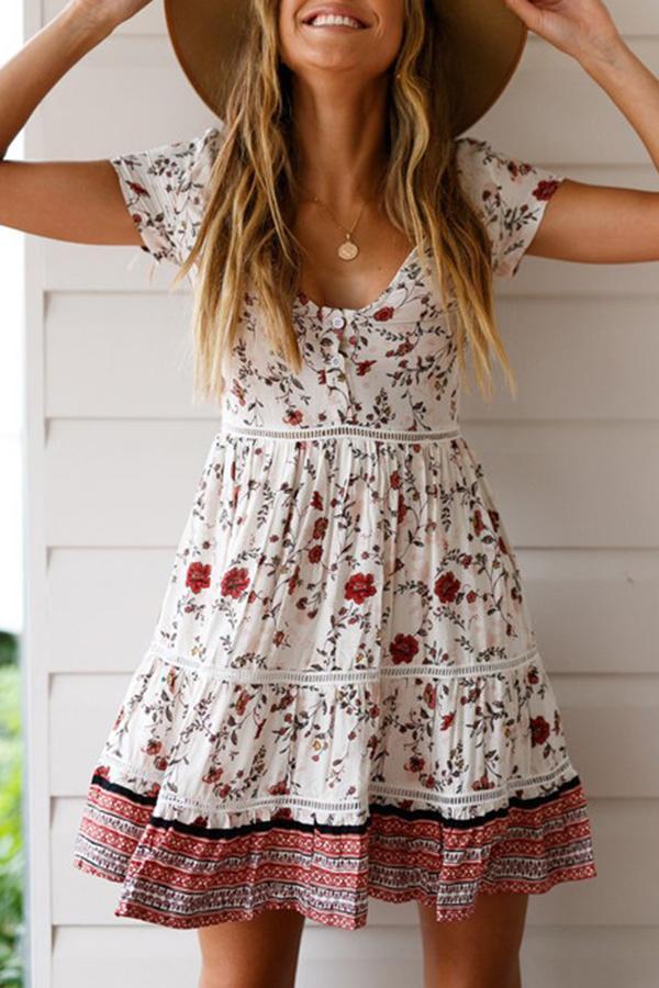 V-neck Cutout Floral Printed Dress