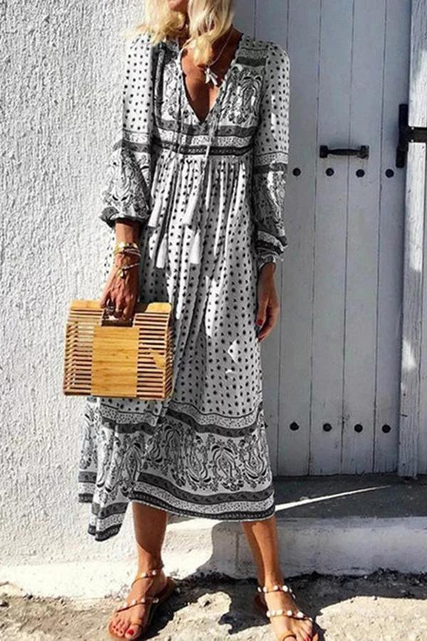 Ethnic Style Printed V-neck Dress