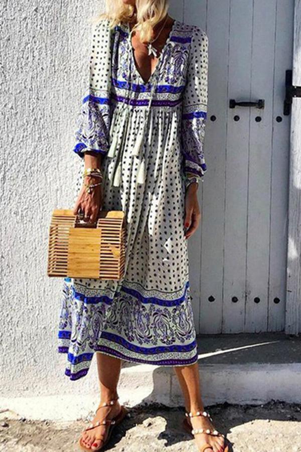 Ethnic Style Printed V-neck Dress