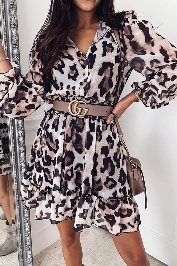 Leopard Printed V-neck Ruffled Dress