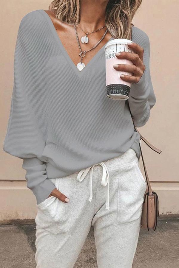 V-neck Solid Color Blouse