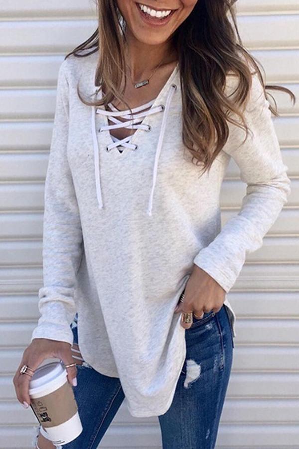 Eyelet Tie Long Sleeve Blouse