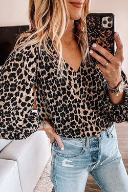 Lantern Sleeve Leopard Print Shirt