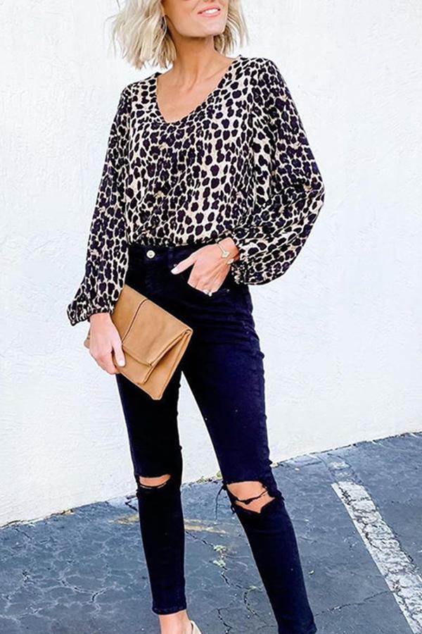 Lantern Sleeve Leopard Print Shirt