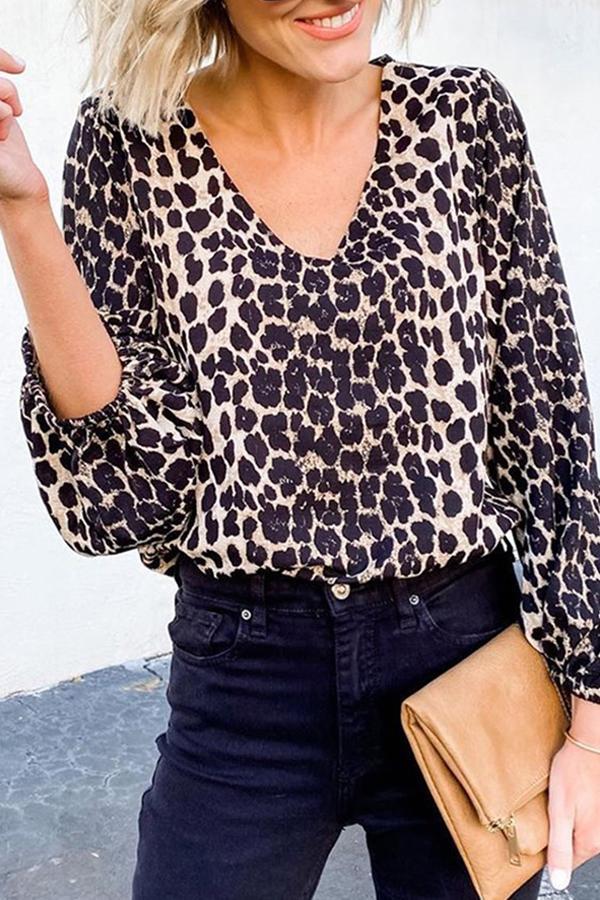 Kissweety Lantern Sleeve Leopard Print Shirt