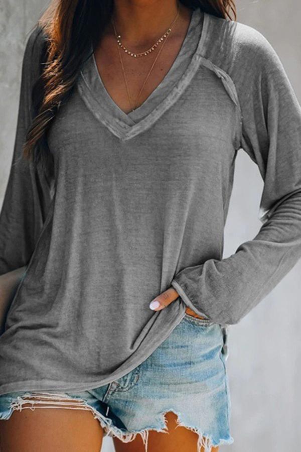 Casual Solid Color V Neck Blouse