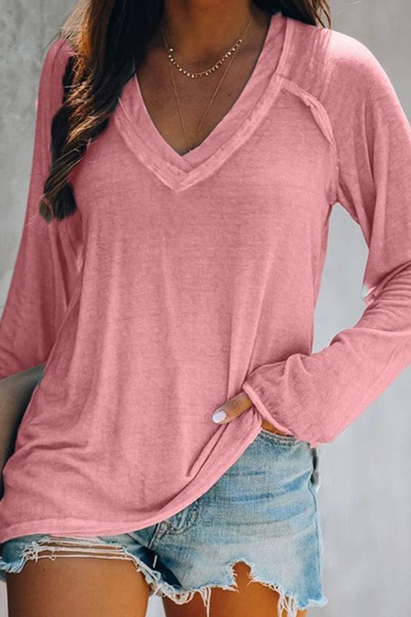 Casual Solid Color V Neck Blouse