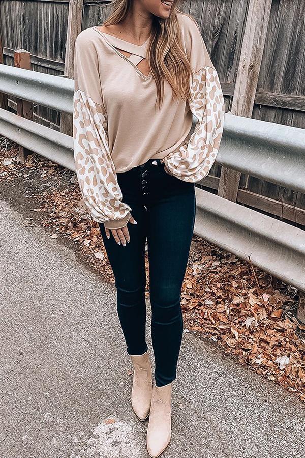 Long Sleeve Leopard Print V Neck Blouse