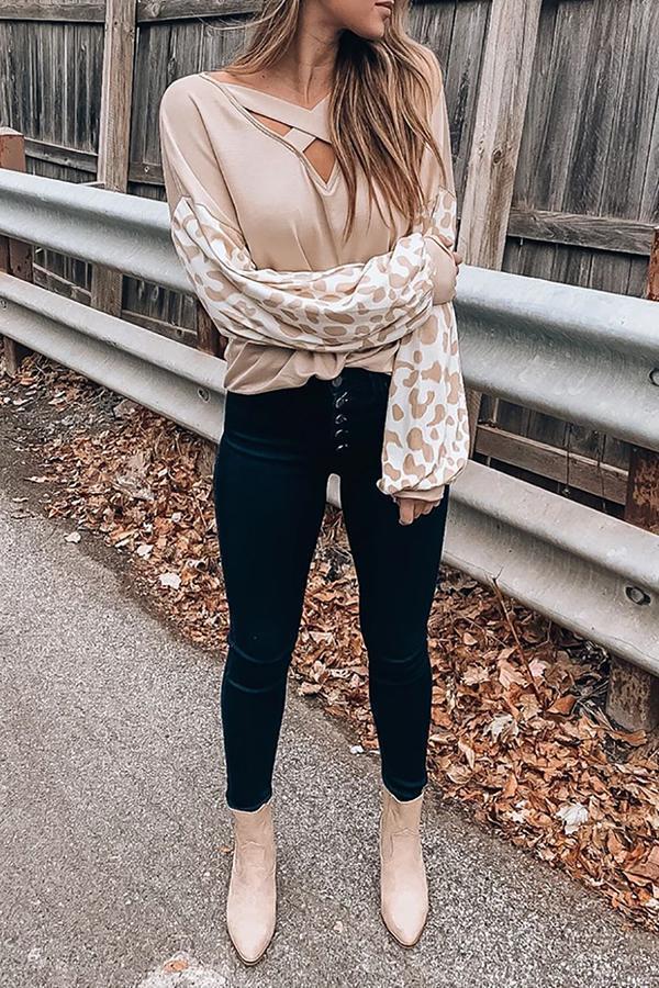 Long Sleeve Leopard Print V Neck Blouse